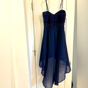 Navy high-low flowy spaghetti strap dress with crochet waistband